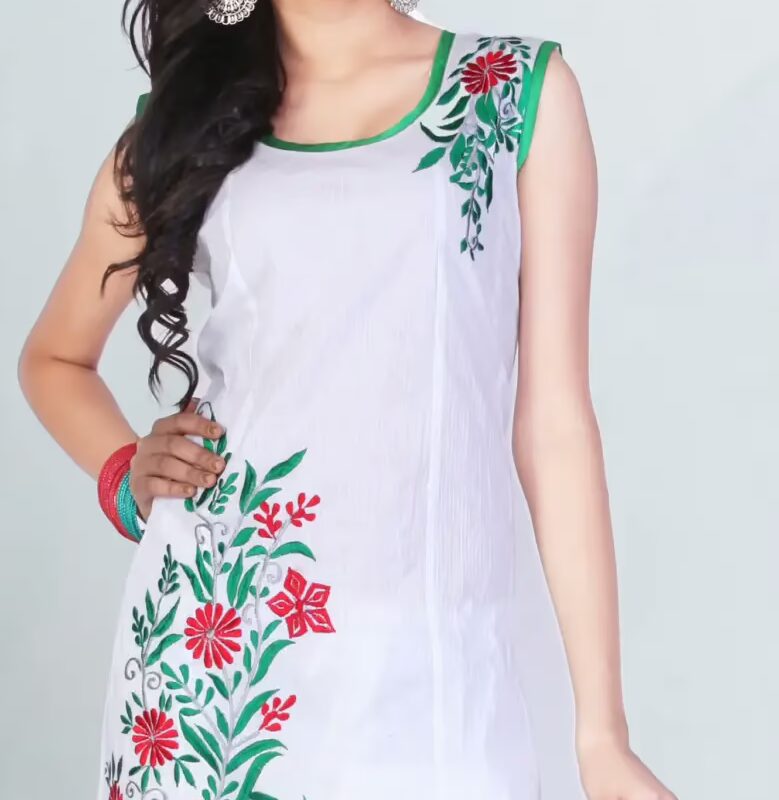 Pazaar Tulip White Embroidered Red Floral Festival kurti