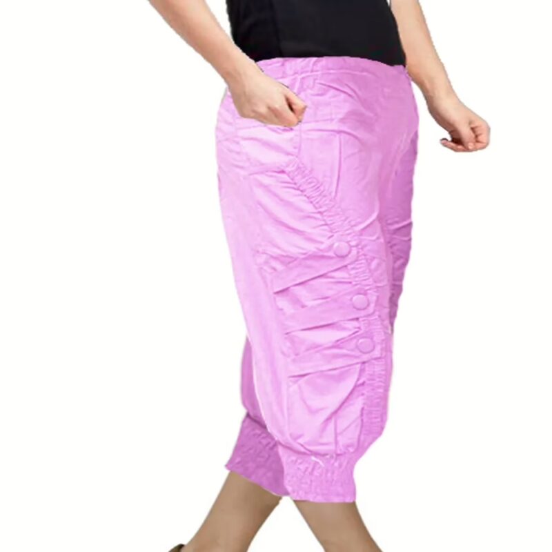 Pink Front Patch Button Design Elastic Bottom Capri