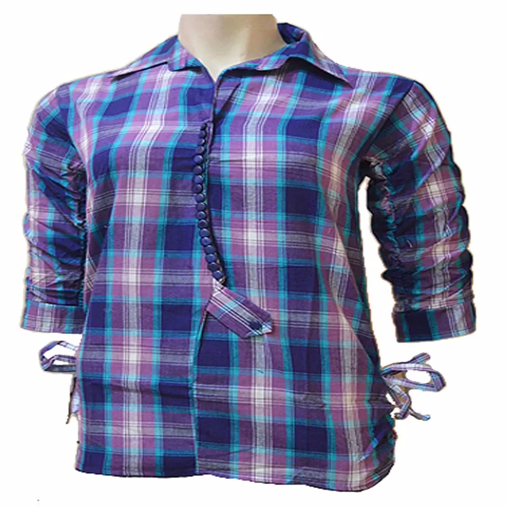 Purple Cotton Three Quarter Sleeves Check Shirt