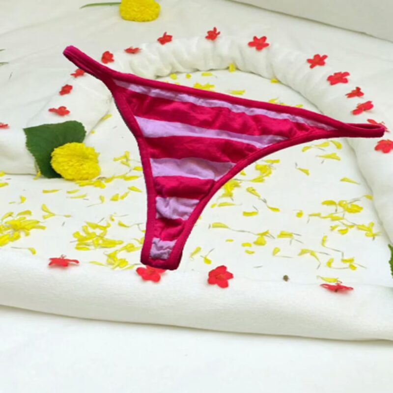 Romantic Pink White Strip Pure Cotton Thong Size S