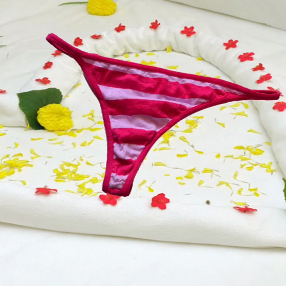 Romantic Pink White Strip Pure Cotton Thong Size S