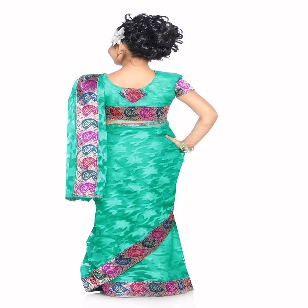 Bhartiya Paridhan -Net Pre Stitched Embroidered Laced Sea Green Saree(2-11 Years) - Image 2