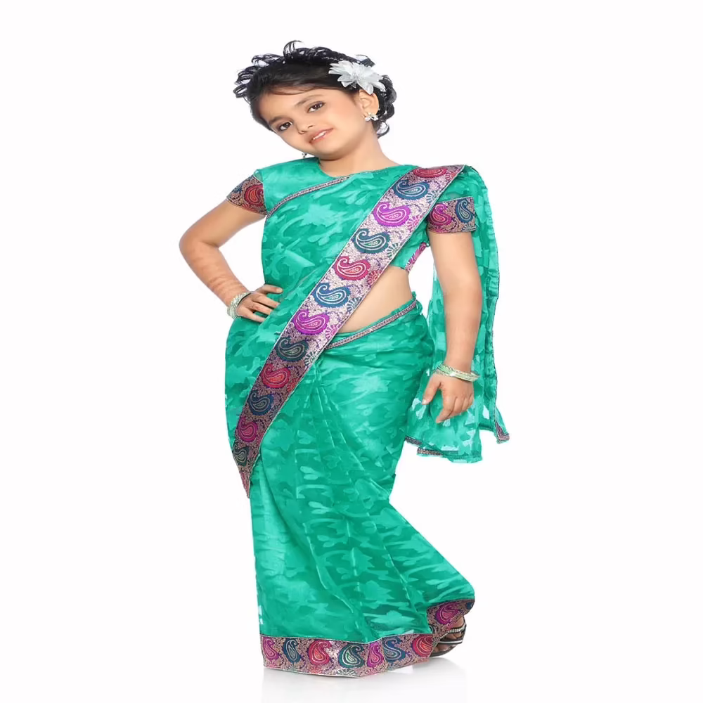 Bhartiya Paridhan -Net Pre Stitched Embroidered Laced Sea Green Saree(2-11 Years)