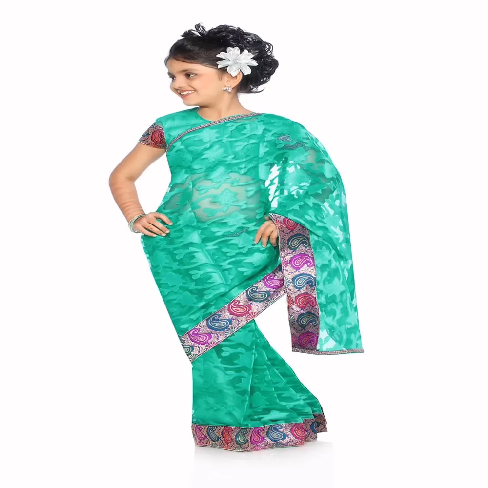 Bhartiya Paridhan -Net Pre Stitched Embroidered Laced Sea Green Saree(2-11 Years) - Image 3