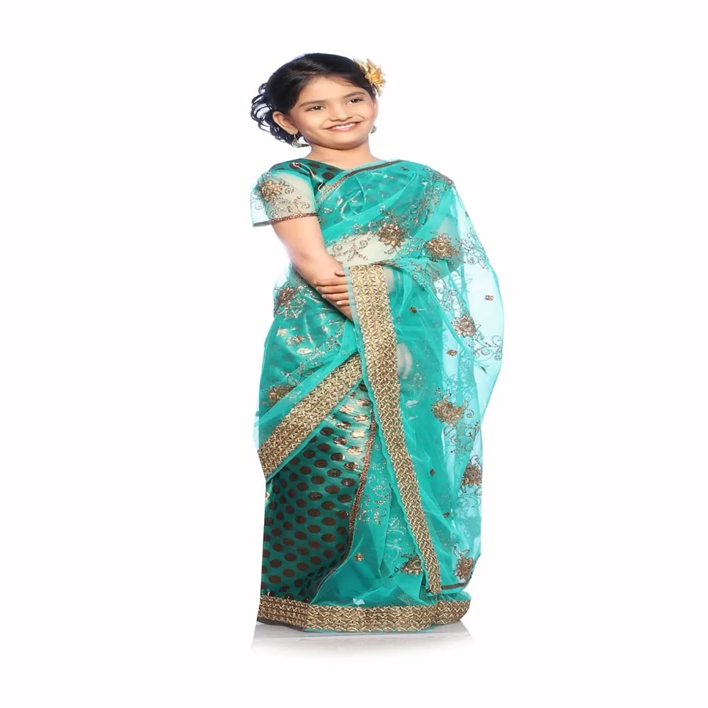 Bhartiya Paridhan-Net Pre Stitched Embroidered Laced Sea Green Saree(2-11 Years)