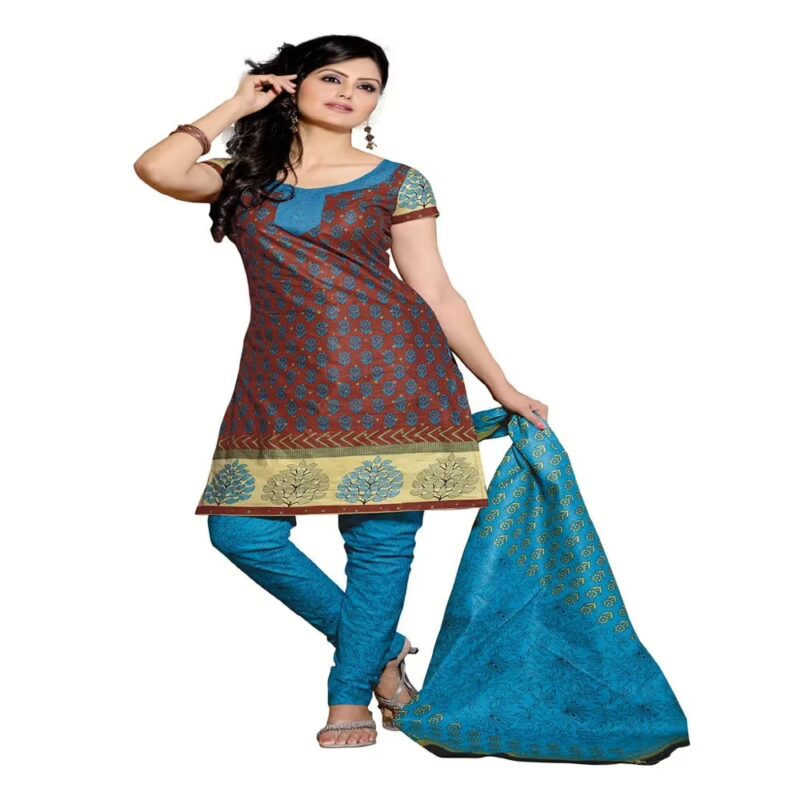 Cotton Bazaar Light Brown & Sky Blue Pure Cotton Un-Stitched Salwar Suit