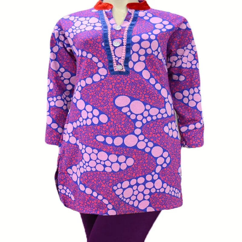 Sensational Pink Dot Blue Print Red Velvet Nehru Collar Buttoned Placket Woolen Kurti