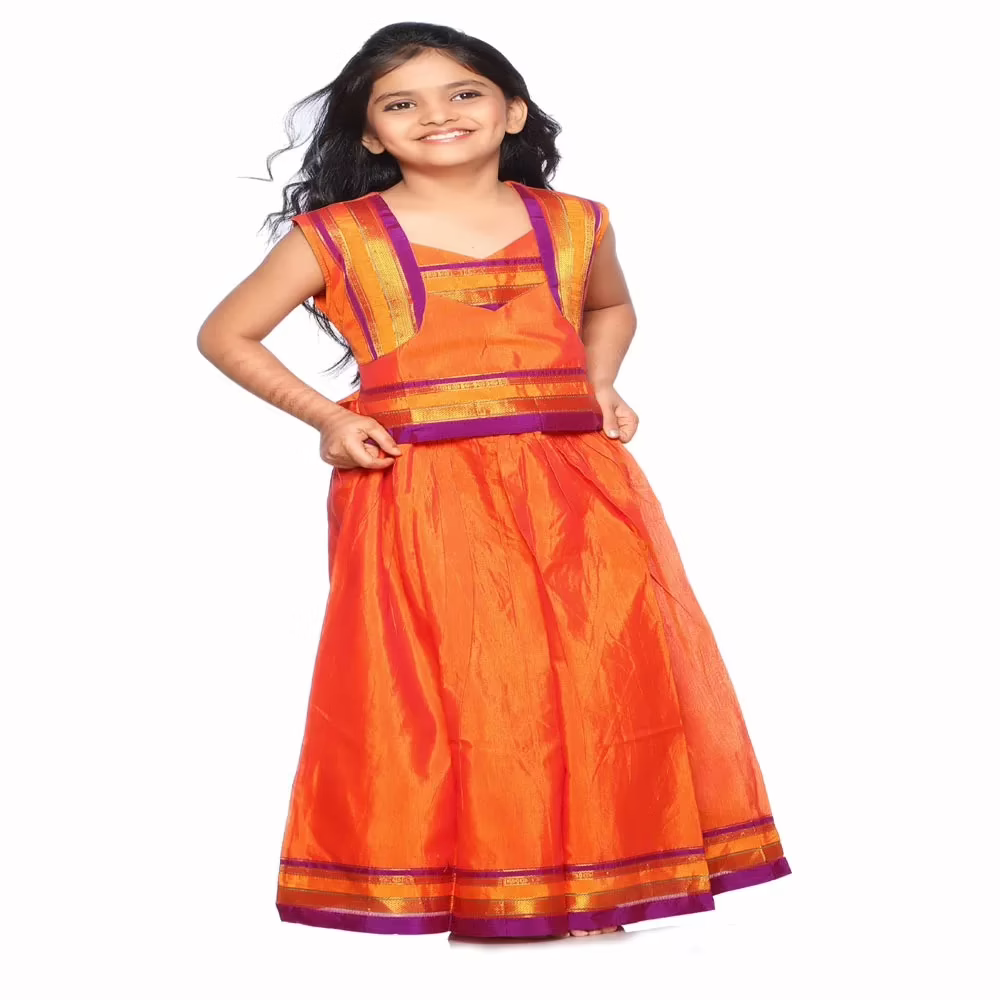 Bhartiya Paridhan -Silk Art Stitched Embroidered Laced Orange Saree(6month-9Years)