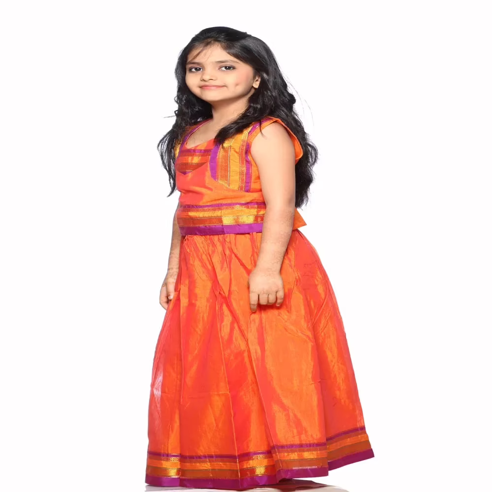 Bhartiya Paridhan -Silk Art Stitched Embroidered Laced Orange Saree(6month-9Years) - Image 2