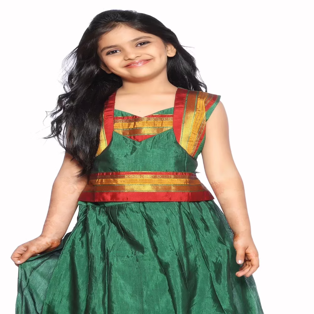 Bhartiya Paridhan -Silk Art Pre Stitched Embroidered Laced Green Saree(6month-9 Years) - Image 2