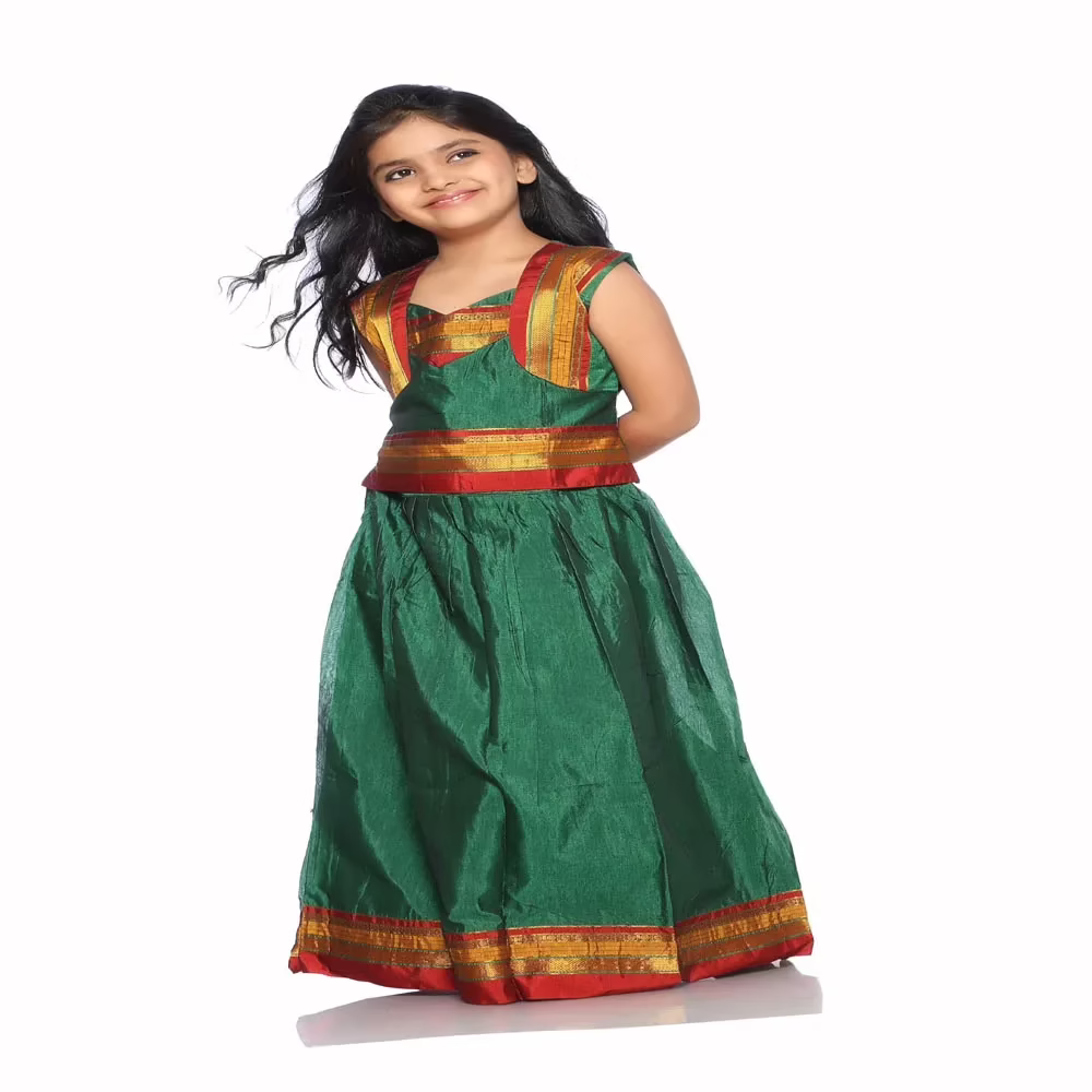 Bhartiya Paridhan -Silk Art Pre Stitched Embroidered Laced Green Saree(6month-9 Years)
