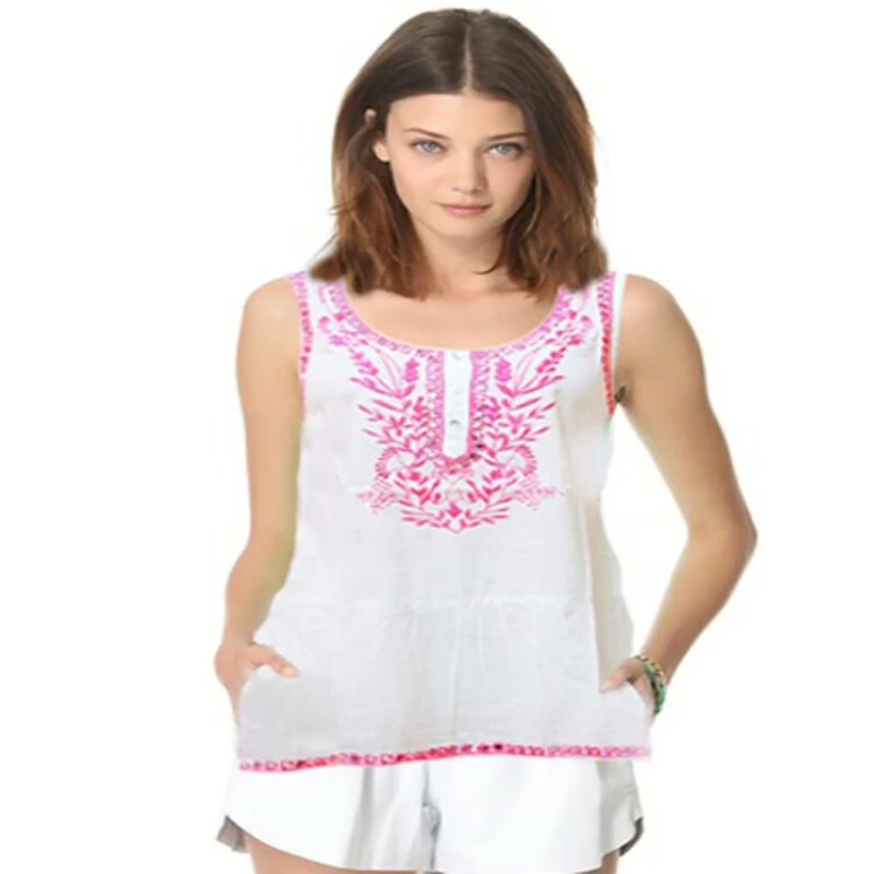 Splash White Embroidered Cotton Sleeveless Top-Size M