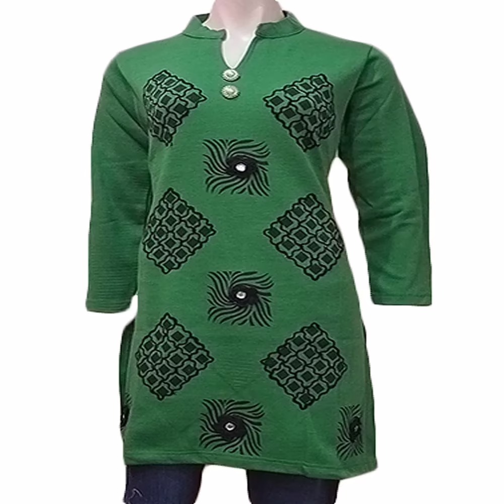 Square Design Full Sleeves Green Nehru Collar Woolen Kurti