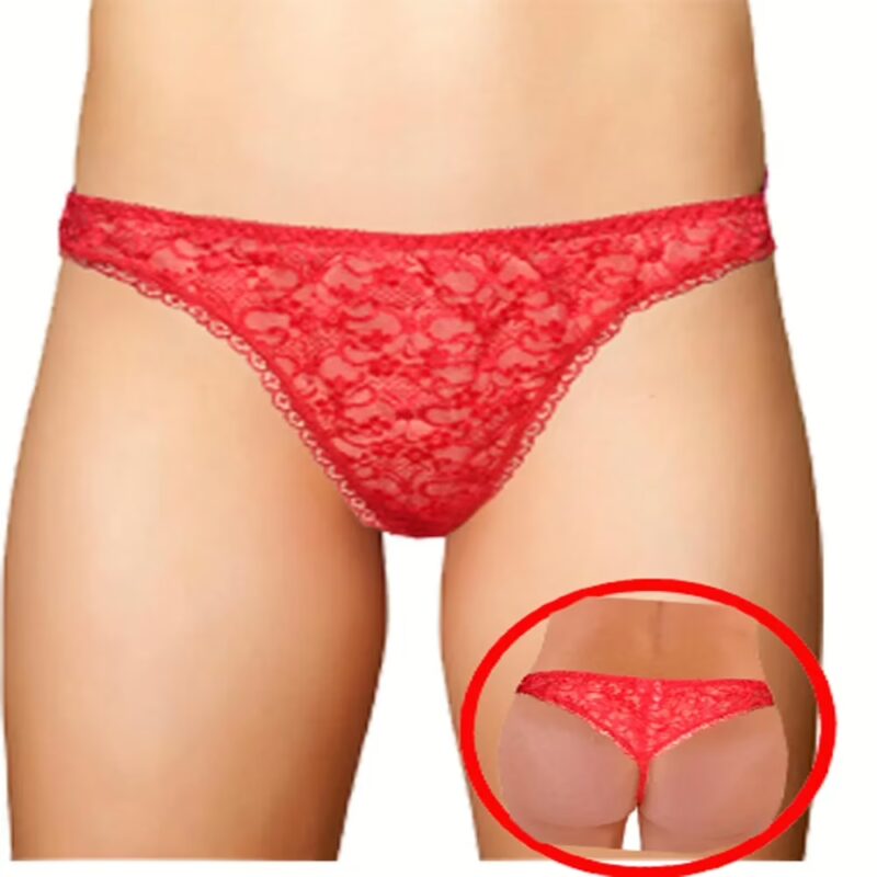 Sunburst See Through Red Lace Trim Thong Size L