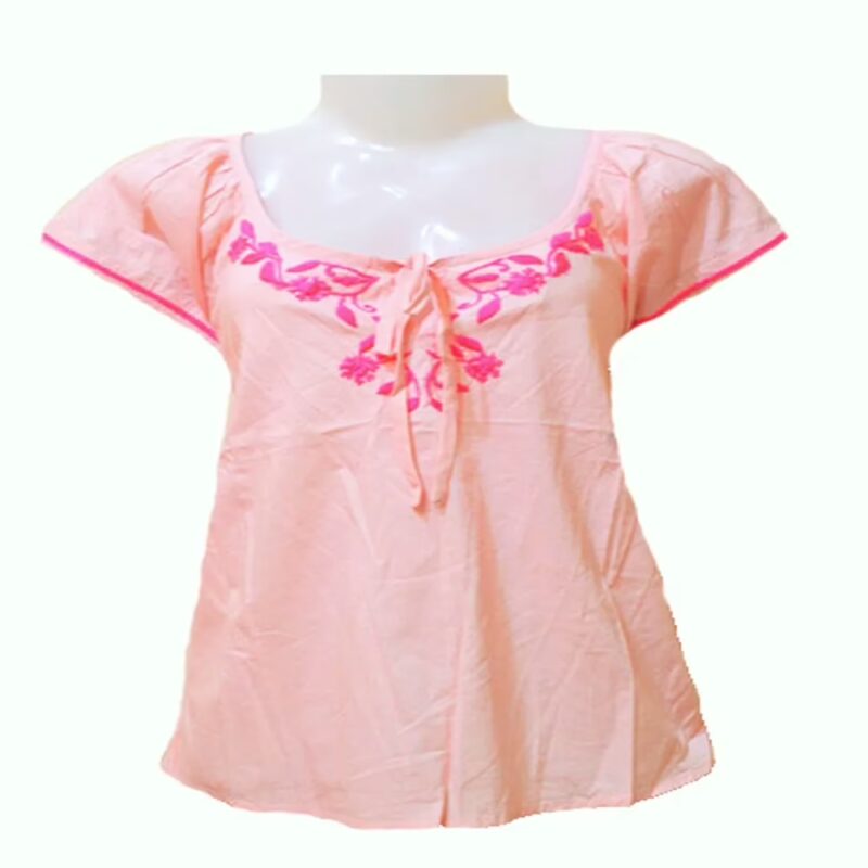 Suzanna Peach Embroidered Placket Cotton Top-Size L