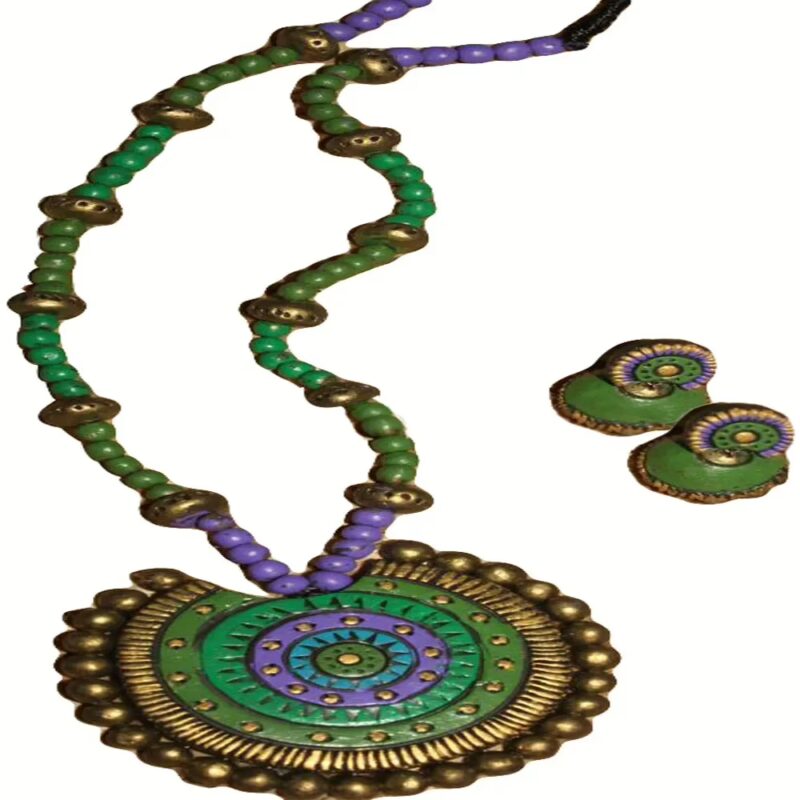 TerraCotta Ring Pendant & Ear Hangings Green Jewelry Set
