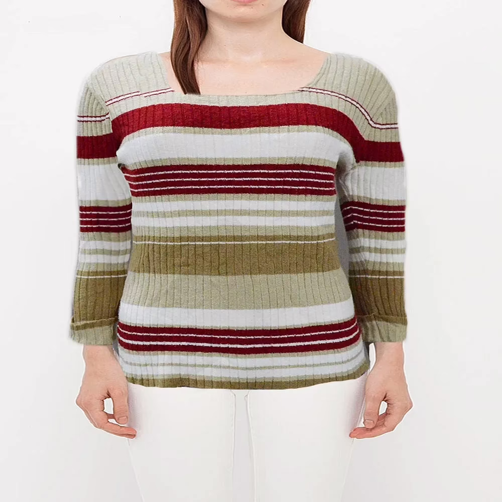 Trendy Brown Square Neck Stripe Sweater