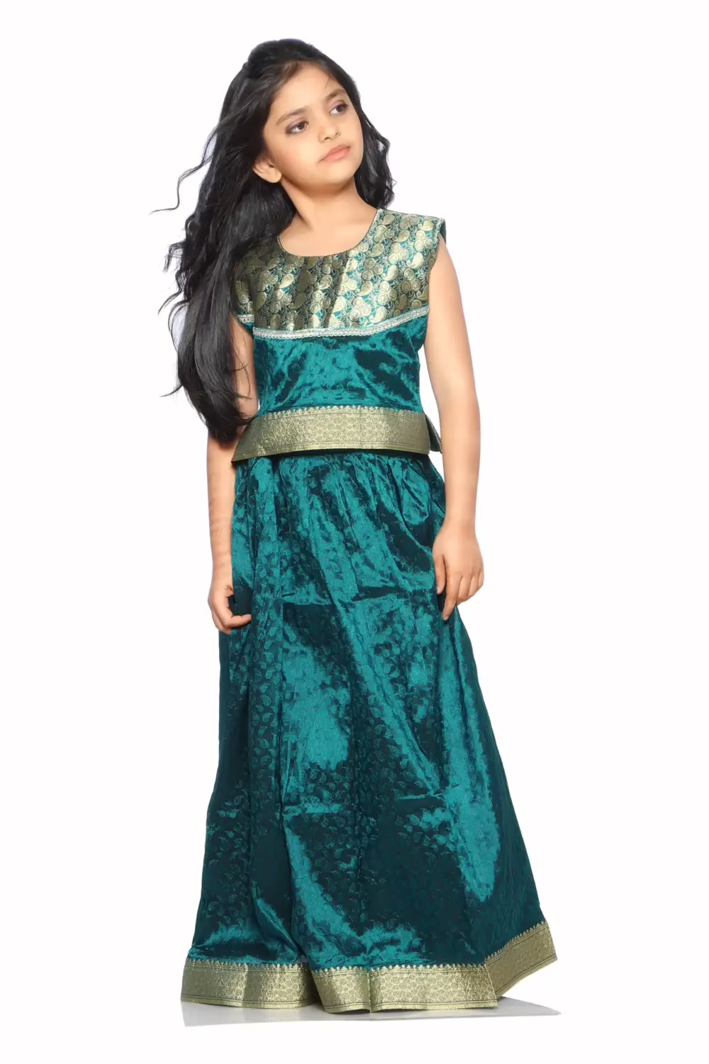 Bhartiya Paridhan -Art Silk Stitched Embroidered Laced Green Saree(6Month-9Years) - Image 2