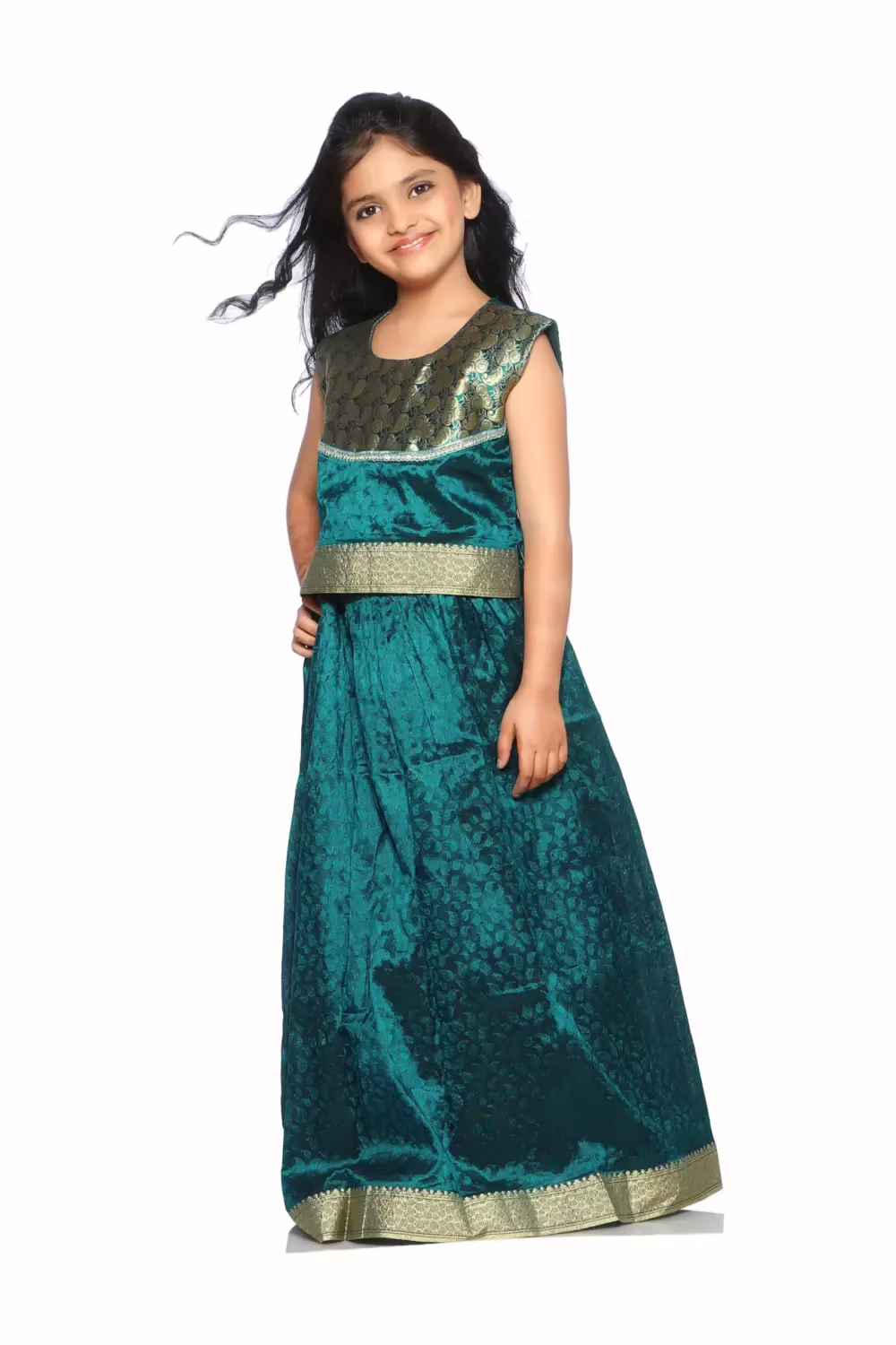 Bhartiya Paridhan -Art Silk Stitched Embroidered Laced Green Saree(6Month-9Years)