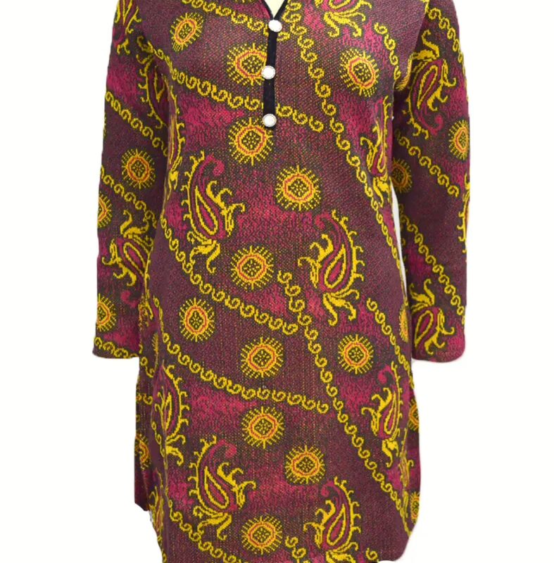 Yellow Flower Appliqué Black Nehru Collar Brown Buttoned Placket Woolen Kurti