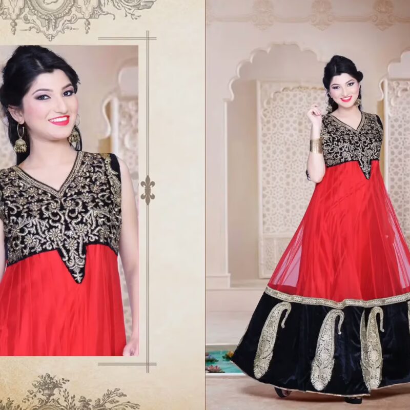 Pazaar Iris Black and Coral Red Embroidered Party Lawn Kameez