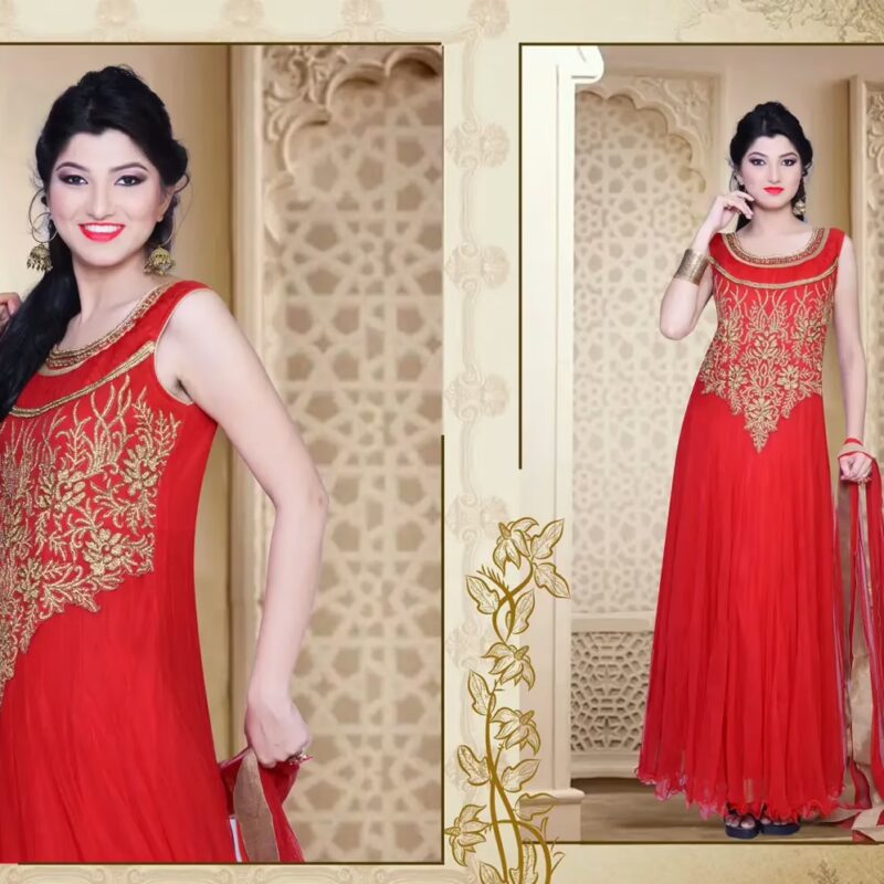 Pazaar Iris Coral Red Embroidered Party Lawn Kameez