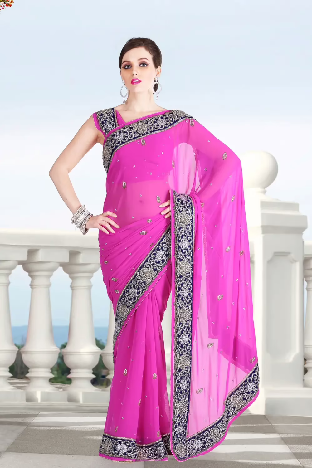 Pazaar Rose Pink Embroidered Party Saree With Zari Thread