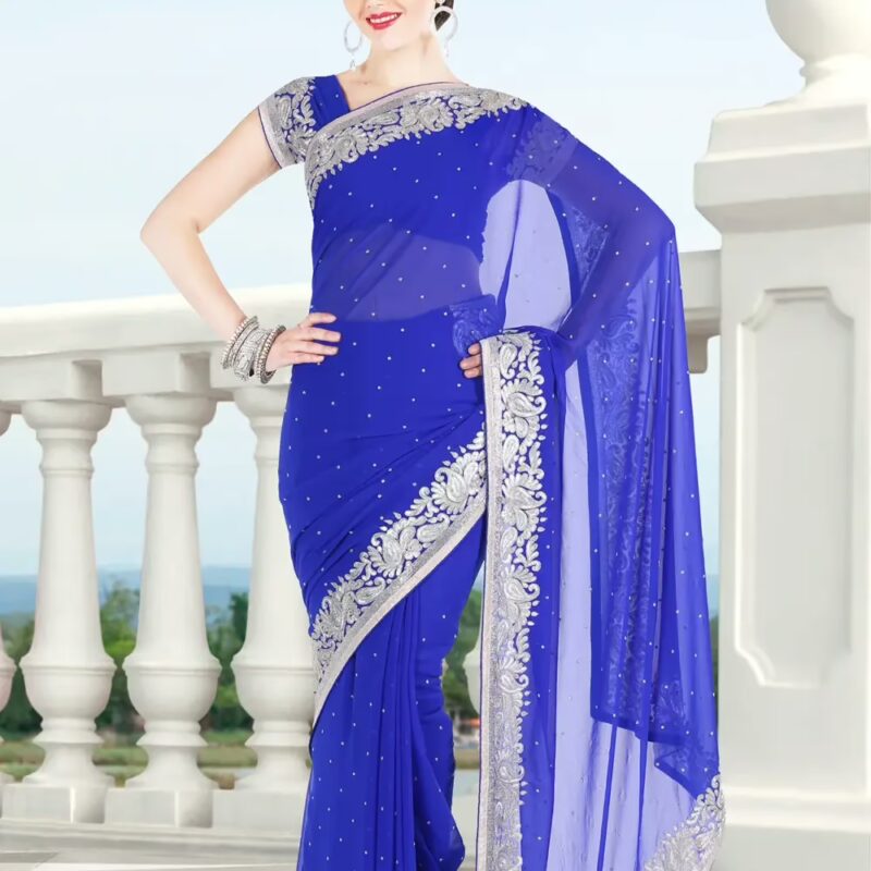 Pazaar Persian Blue Embroidered Party Saree With Zari Thread