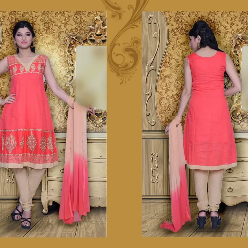 Pazaar Rai Coral Red Embroidered Party Anarkali Kameez
