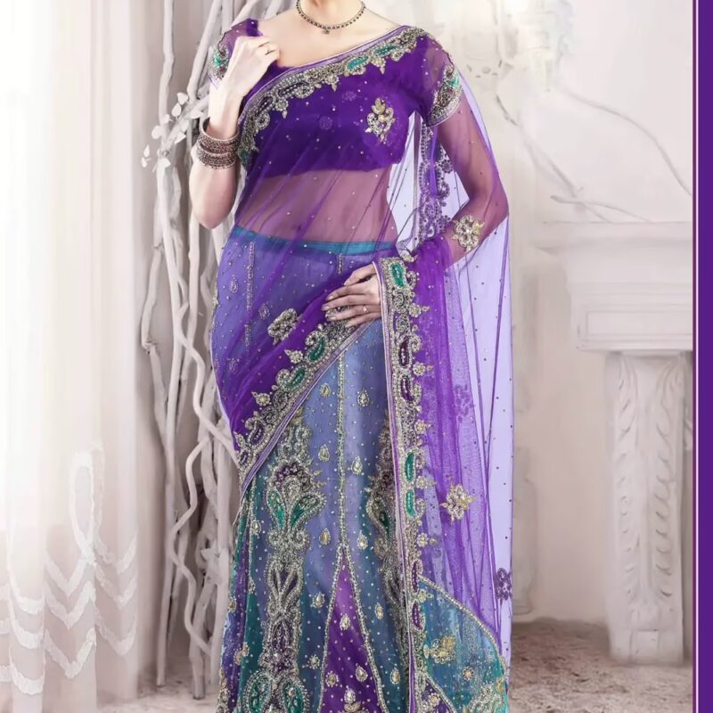 Amethyst Violet and Robin-egg Blue embroidered party lehenga