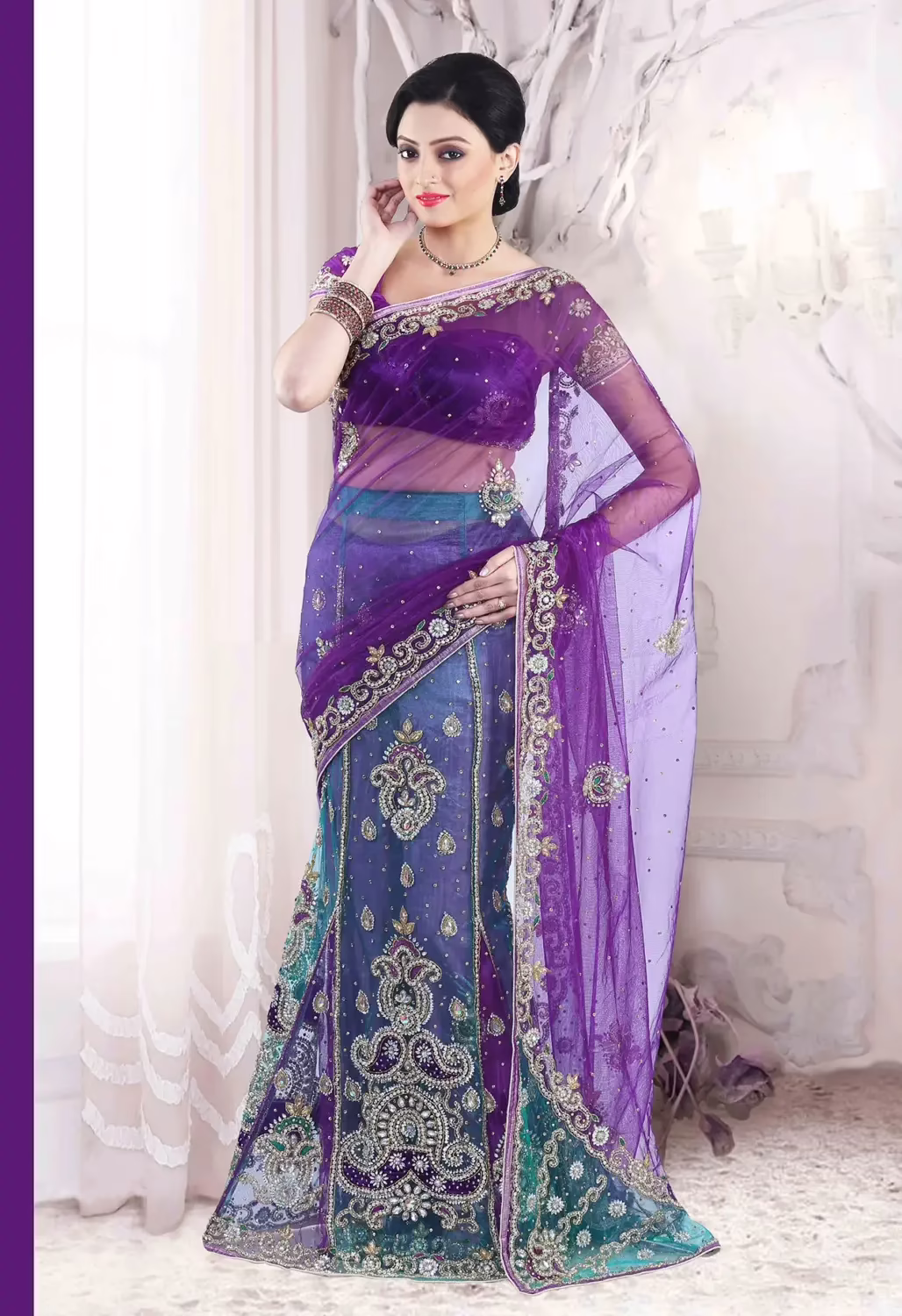 Pazaar Amethyst Violet and Jungle Green Embroidered Party Lehenga Saree