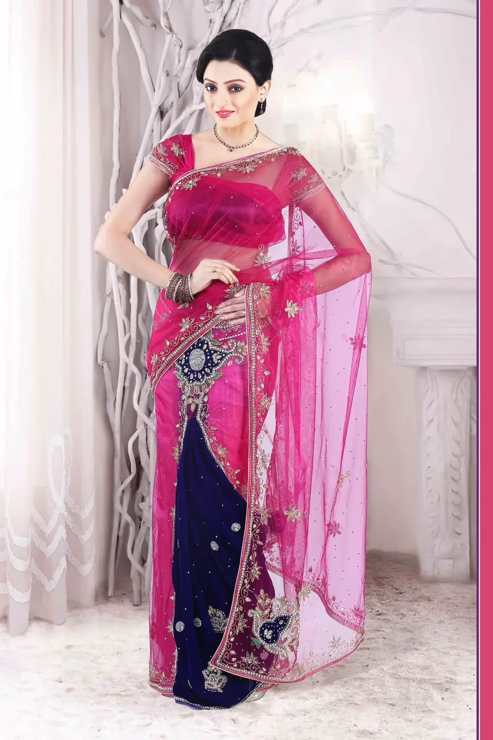 Pazaar Persian-rose Pink and Navy Blue Embroidered Party Lehenga Saree
