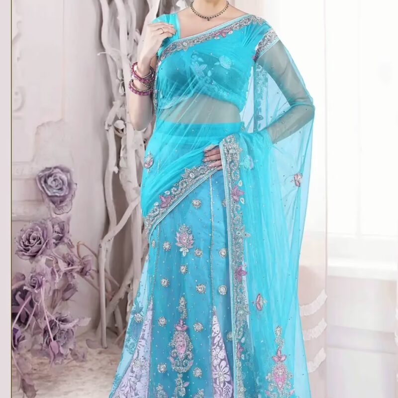 Pazaar Light Electric Blue Embroidered Party Lehenga Style Saree