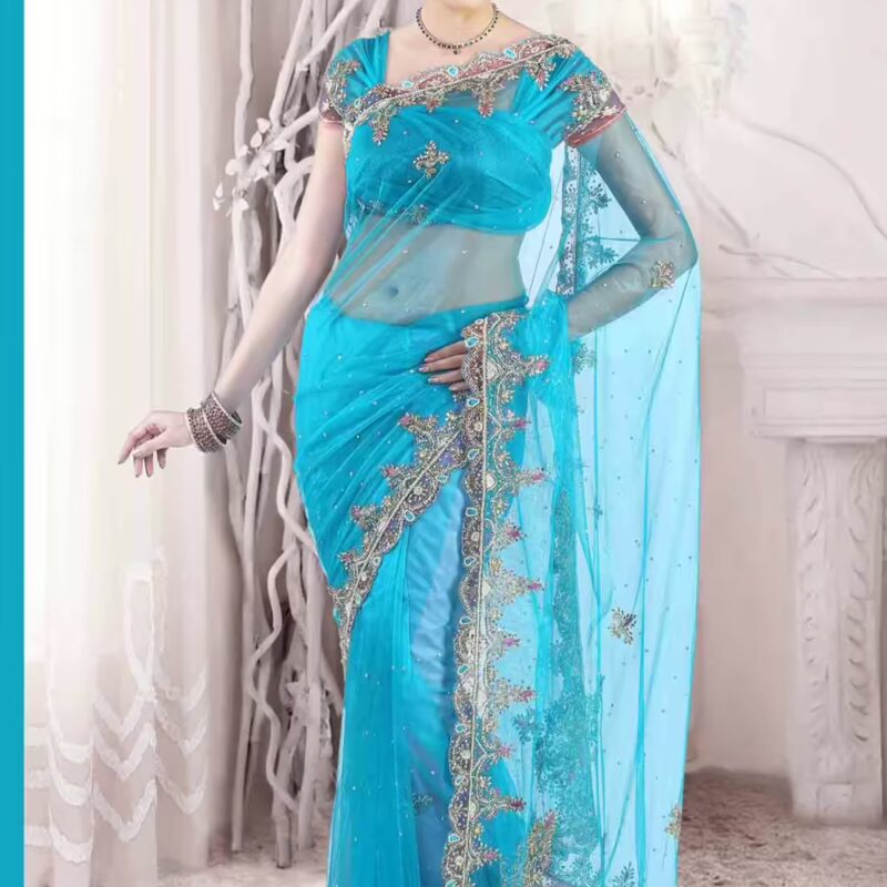 Pazaar Robin-egg Blue Embroidered Party Saree with zari thread,