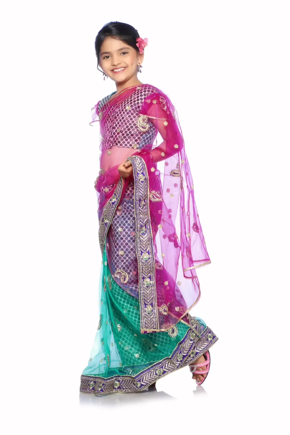 Bhartiya Paridhan -Net Pre Stitched Embroidered Laced Rama Green Rani Saree(2-11 Years) - Image 3