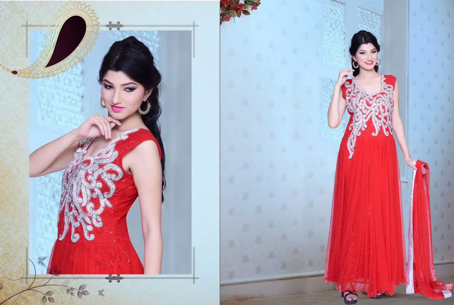 Pazaar Iris Coral Red Embroidered Party Lawn Kameez