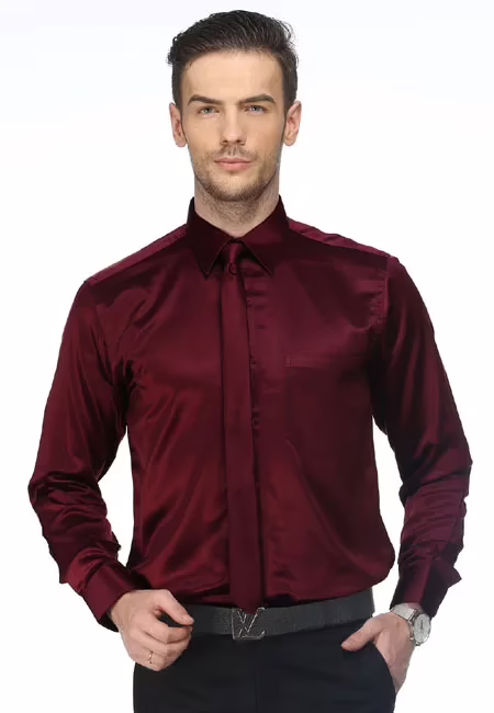 CAIRON MAROON SATIN SOLID CLUBWEAR SHIRT
