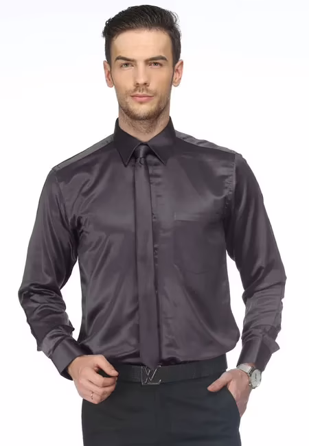 CAIRON GREY SATIN SOLID CLUBWEAR SHIRT