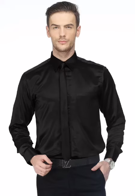 CAIRON BLACK SATIN SOLID CLUBWEAR SHIRT