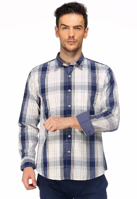 CAIRON NAVY BLUE BRUSHED CHECK CASUAL SHIRT
