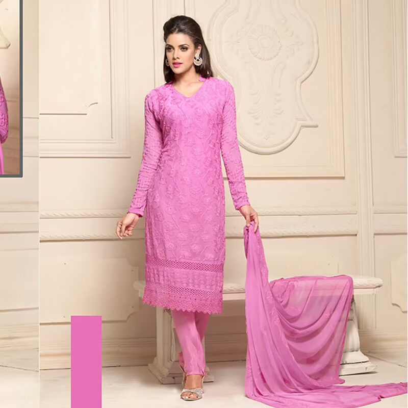 VandV Exclusive Chiffon Pink Dress Material