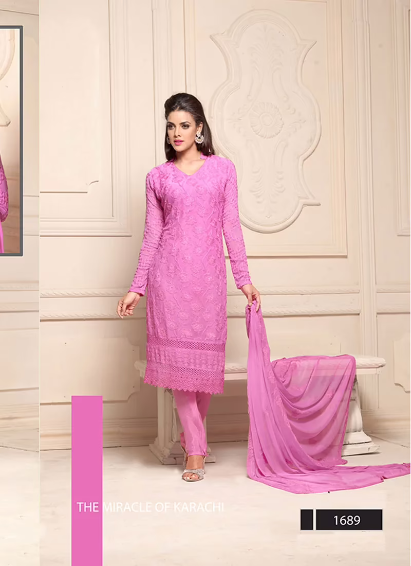 VandV Exclusive Chiffon Pink Dress Material