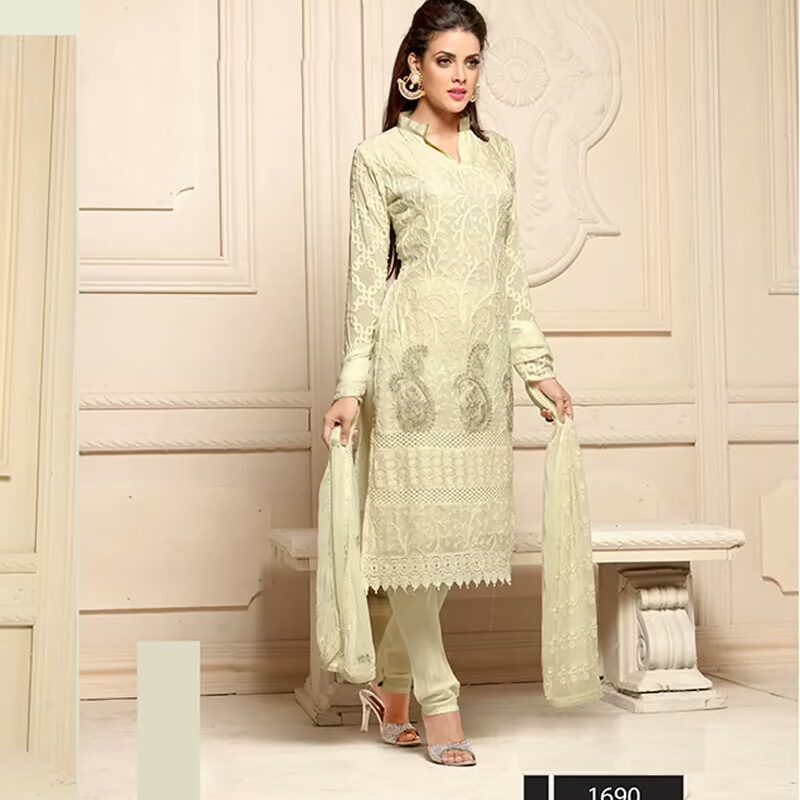 VandV Cream Color Chiffon Embroidered Dress Material
