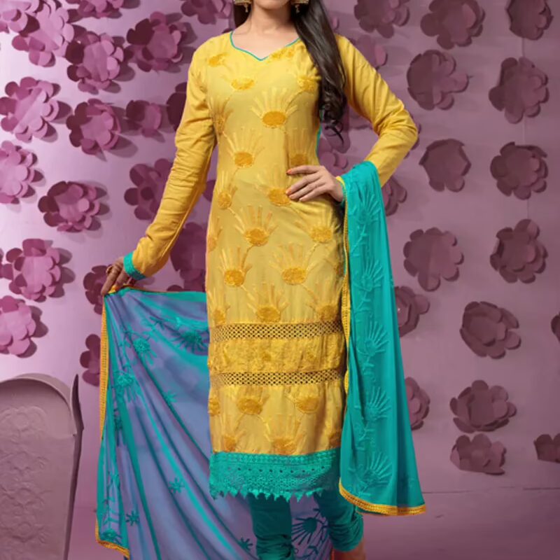 VandV Latest New Yellow Designer Embroidery Work Dress Material