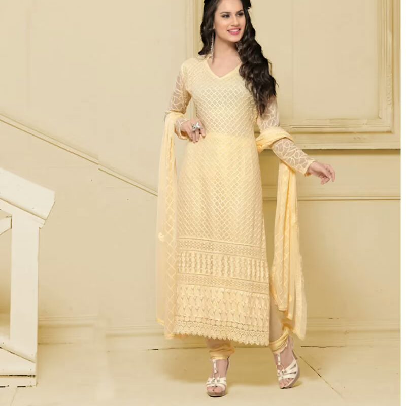 VandV Long Cream Karachi Work Designer Salwar Suits