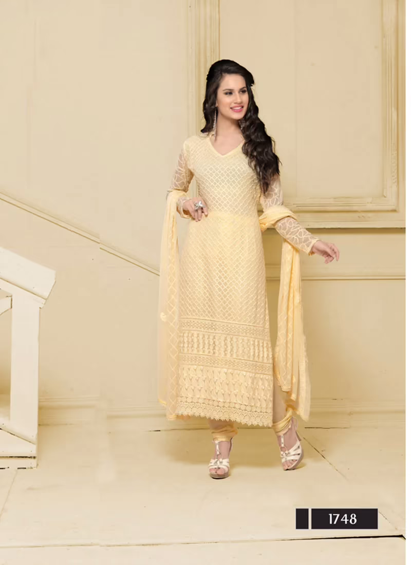 VandV Long Cream Karachi Work Designer Salwar Suits