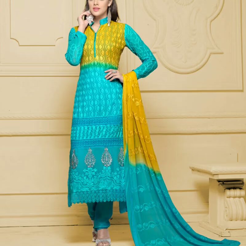 VandV Long Sky,Yellow Karachi Work Designer Salwar Suits