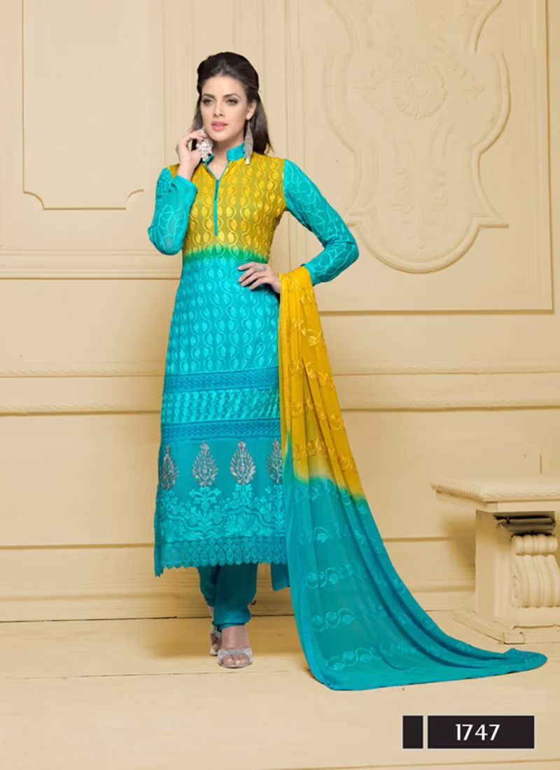 VandV Long Sky,Yellow Karachi Work Designer Salwar Suits