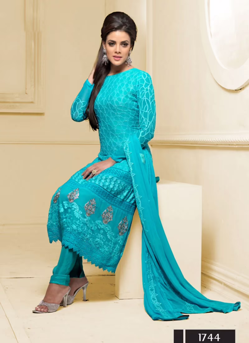 VandV Long Skyblue Karachi Work Designer Salwar Suits