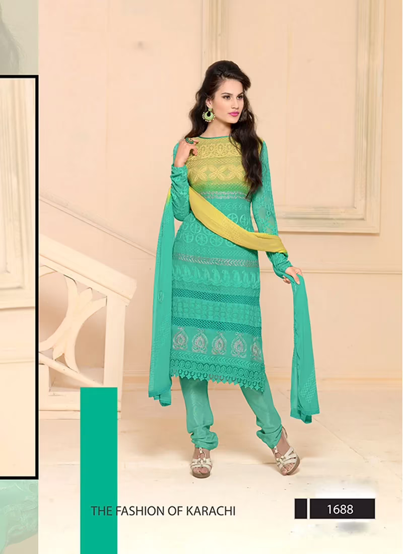 VandV Pure Chiffon Cyan Embroidery Dress Material